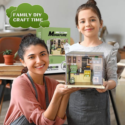 Coffee Shop Tiny House with LED Light Make It Miniature, DIY Miniature House Kit for Adults, Teens, and Beginners, Mini Dollhouse Kit with Home Decor Furniture, Gift for Friends and Hobbies