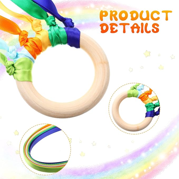 Junkin Ribbon Rings Hand Kite Waldorf Toys Dancing Wrist Ribbons Rainbow Streamers with Wood Ring Educational Toy for Playroom Dancing Birthday Party Gift(24 Pcs)