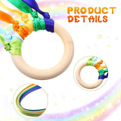 Junkin Ribbon Rings Hand Kite Waldorf Toys Dancing Wrist Ribbons Rainbow Streamers with Wood Ring Educational Toy for Playroom Dancing Birthday Party Gift(24 Pcs)