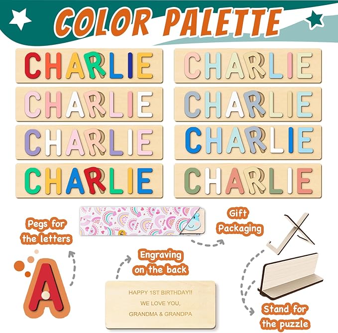 Name Puzzle for Kids Personalized, Custom First Birthday Girl Boy Gifts, Name Puzzles for Toddlers, Personalized Baby Wooden Montessori Toys