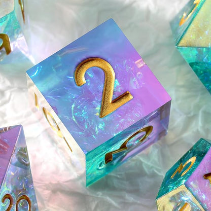 Iridescent Plating Sharp DND Dice, DNDND Handmade Resin Sharp Edge D&D Die with Gift Case for Dungeons and Dragon Tabletop Games (Iridescent Plating)