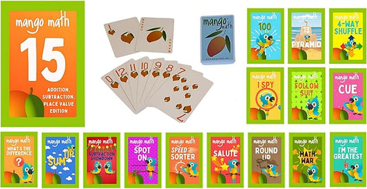 MANGO Math 15 Pack - Math Flash Cards - Educational Math Games for Kids - Addition, Subtraction, Place Value Games & Learning Kit -2nd 3rd 4th Grades - Kids 6-12 - Set of 15 Games - English Version