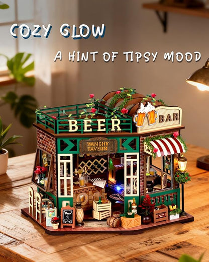 Miniature House Kit – Vanchy Tavern, DIY Wooden Dollhouse for Adults with LED & Furniture, Tiny House for Teens Families Friends