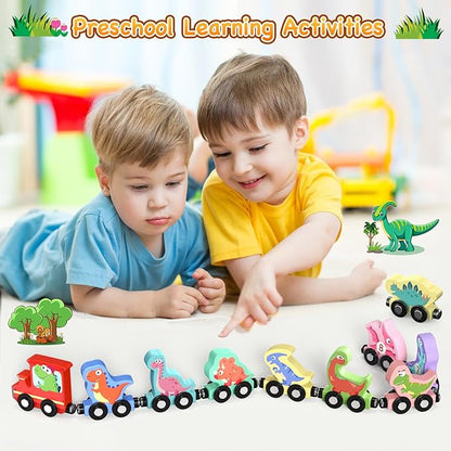 Toys for Toddlers, 11 Magnetic Wooden Dinosaur Train Set, Montessori Toys for Toddlers, Preschool Educational Material for Kids, Birthday Gifts for Boys, Girls