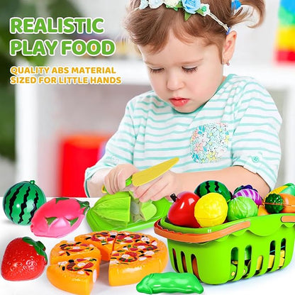 100 PCS Cutting Play Food Toy for Kids Kitchen, Pretend Food Toys for Toddlers, Play Kitchen Toys Accessories with 2 Baskets, Fake Food/Fruit/Vegetable, Birthday Gifts for 3 4 5 6 Years old Girls Boys