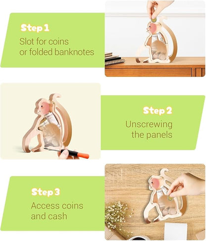 Wooden Monkey Piggy Banks for Kids, Adorable Monkey Piggy Bank with Acrylic Panels, Unbreakable Toddler Money Box for Girls Adults Boys, Cute Saving Coin Jar for Birthday Décor