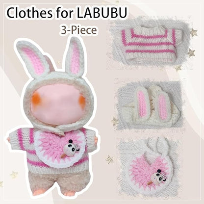 Clothes for Labubu 17cm Labubu Accessories Crochet 3 Piece Set Outfits for Labubu(Pink Rabbit)