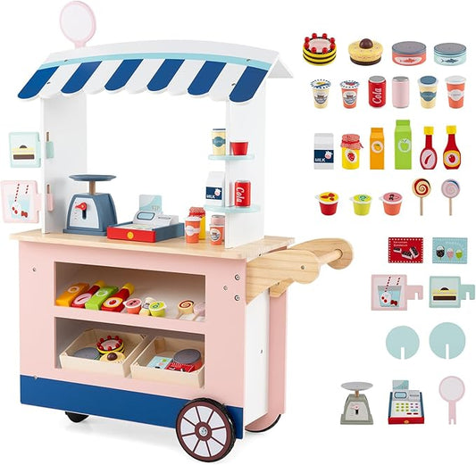 HONEY JOY Kids Food Cart, 30-Piece Toddler Pretend Play Grocery Store Playset w/Cash Register & Scale, Wooden Dessert Shop Play Market, Children Beverage Stand Cart w/Wheels, Gift for Boys Girls