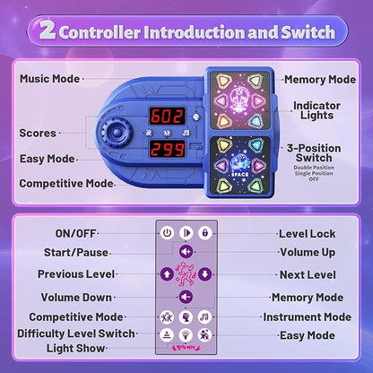 Dance Mat Toys for 3-12 Year Old Kids, Kids Dance Mat with Light-up 12-Button Bluetooth & 6 Modes, 2 Player Electronic Dance Pad Toys, Birthday Xmas Gifts for 3 4 5 6 7 8 9 10+ Year Old Girls Boys