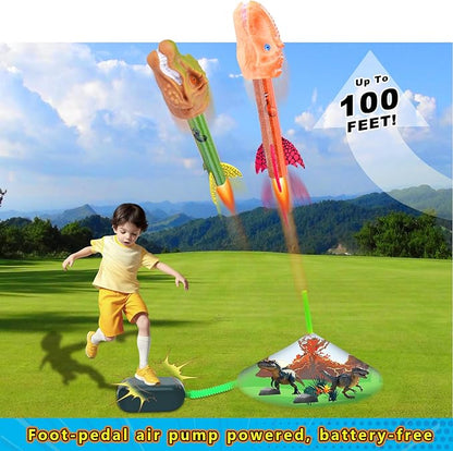 Dinosaur Rocket Launcher for Kids, 4 Rockets with Launcher Pad, Launch Up to 100 Ft, Dinosaur Toys for Kids, Outdoor Toys, Birthday Gifts for 3 4 5 6 7 Year Old Boys Girls