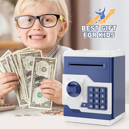 Piggy Bank for Girls Boys Large Electronic Money Coin Banks with Password Protection, Automatic Paper Money Scroll Saving Box, Great Gift for Kids(Blue-White)