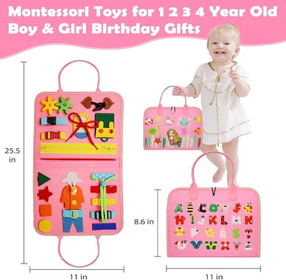 MAJAVI Busy Board Montessori Toys for 1 2 3 4 Year Old, Busy Book for Toddlers 1-3 Boys Girls Birthday Gifts, Sensory Educational Activities Travel Toys for Learning Fine Motor Skills, Pink-3 Pages