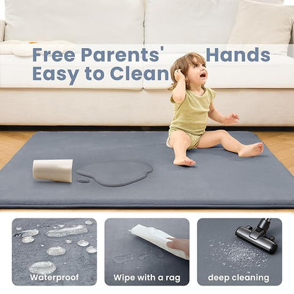 ACOMOPACK 1.3" Thick Baby Play Mat for Floor 59x71-Large Water-Repellent&Non-Slip Memory Foam Mat for Kids,Toddlers,Soft Velvet Nursery Rug for Tummy Time&Crawling,Yoga,Tatami Style(Grey)
