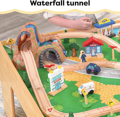 KidKraft Waterfall Mountain Wooden Train Set & Table with 120 Pieces, 3 Storage Bins
