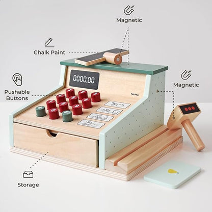 PairPear Wooden Toy Cash Register,Kids Pretend Play Money Counting Toys with Scanner and Credit Card,Toddler Cashier Toy Grocery Play Food Accessory for Pre-School Gift Boys Girls 3+
