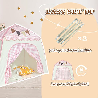 Toddler Bed Tent, Kids Play Tent with Flags, Star String, Portable Bed Canopy for Boys & Girls, Children, Indoor Outdoor Dome Playhouse, Pink Plaid, 51" x 39" x 51"
