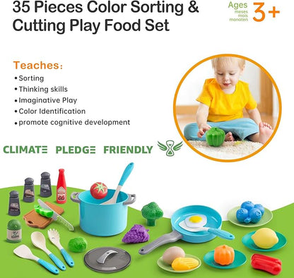 35Pcs Kids Kitchen Toy Accessories, Toddler Pretend Cooking Playset with Play Pots, Pans, Utensils, Cookware, Play Food Set, Toy Vegetables, Learning Gift for Girls & Boys (Blue)