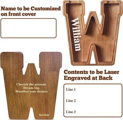Summidate Customized Name Extra Large Wooden Piggy Bank for Kids Boys Girls Alphabets Letter A-Z Coins Bills Money Change Saving Box Clear Cover (Laser Engraved) Educational Toys 12"- Letter W