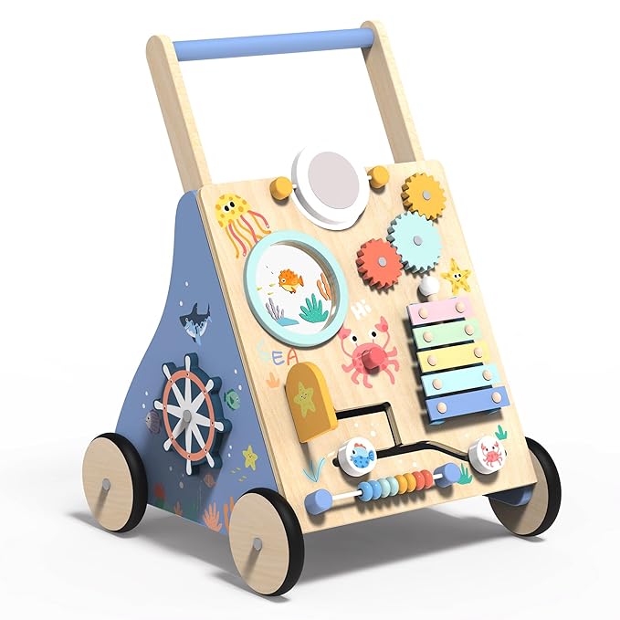 Wooden Baby Walker with Activity Center, Montessori Push Walker Toy for Babies 18 Months+, Sit to Stand Walker with Wheels for Boys & Girls, Infants to Toddler