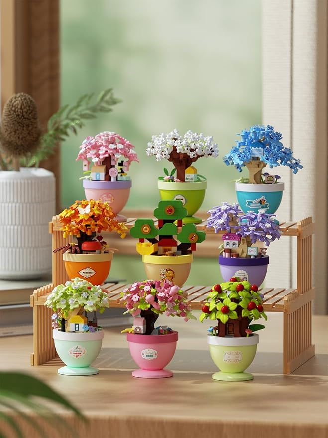 9 Set Mini Bonsai Tree Micro Building Set Building Toy Plant Cherry Tree Flower Collection Decor for Home Desk Greenery Decoration Building Blocks DIY Creative Gifts