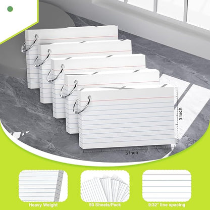 500 Count Index Cards with Ring 3 x 5 Inch Colored Heavyweight Ruled Index Cards, Flash Cards for School & Office Supplies and Home Organization, Durable Study To Do List Note Cards with Ruled Lines