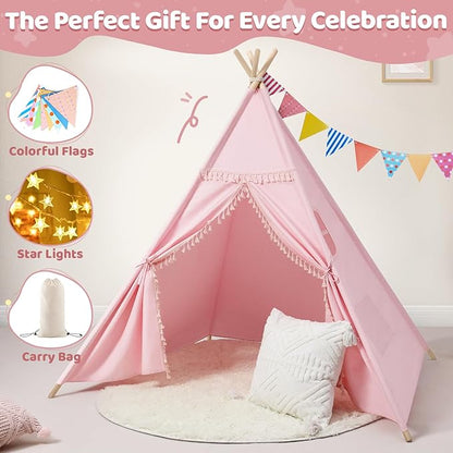 Sumbababy Teepee Tent for Kids Indoor – Cotton Canvas Play Tent with Tassel Trim, Foldable Toddlers Tent for Girls, Ideal Gift with Star Lights, Banner & Carry Bag (Pink)