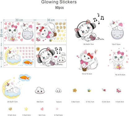 Glow in The Dark Stars for Room,Cats Glowing Wall/Ceiling Decals, Kitten Butterflies Stickers for Kids Bedroom, Clouds Bees Luminous Wall Decor for Boy and Girl Living Room
