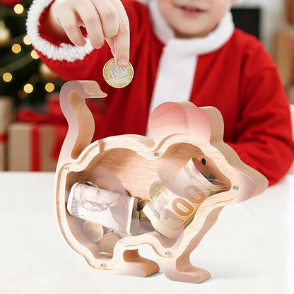 Wooden Rat Piggy Banks for Kids, Adorable Rat Piggy Bank with Acrylic Panels, Unbreakable Toddler Money Box for Boys Girls Adults, Cute Saving Coin Jar for Birthday Décor