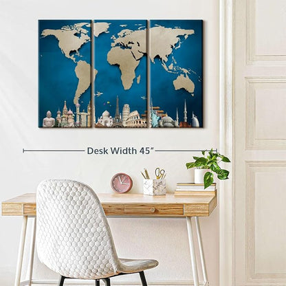 ElephantStock Ocean Blue World Map Multi Piece Canvas - 3 Panel Wall Decor - Map of the World Art - Canvas for the Office and Home - 38" X 24"