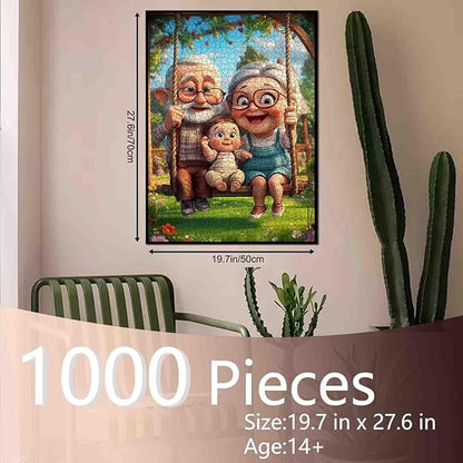 Happy Grandparents with Baby On Swing 1000 Piece Jigsaw Puzzle for Adults Students Garden with Wooden House Bright Colorful Art 20×27 Inches Relaxing Fun Puzzles for Brain Exercise and Home Decor