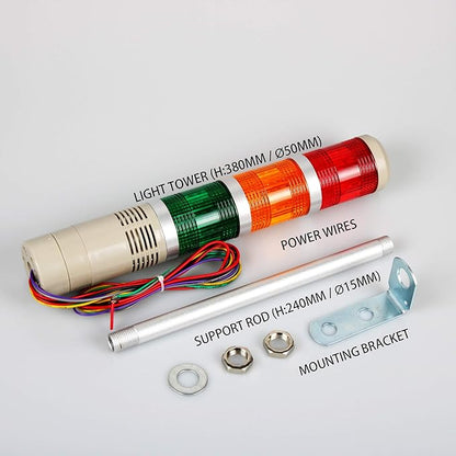 Industrial Signal Tower, Column LED Alarm Tower with Buzzer - 3-Layer Stack LED Warning Light for Safety (DC 12V/Sound/Steady ON)