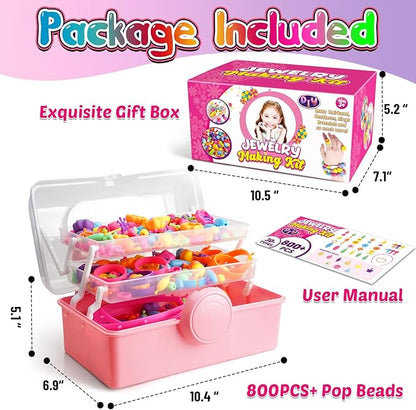 FUNZBO 850pcs Pop Beads - Jewelry Making Kit for 3 4 5 6 7 8 Year Old Little Girls, Arts and Crafts Toys for Kids, Necklace Bracelet Ring Hairband Creativity Snap Set Holidays Birthday Gifts