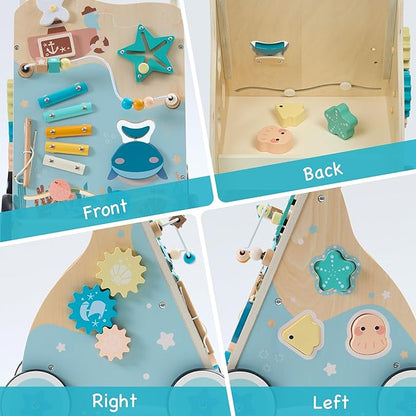 ROBOTIME Wooden Baby Push Walker, Ocean-Themed Wooden Baby Walker with Wheels, Sit-to-Stand Activity Center, Push Toy for Toddlers, for Boys and Girls