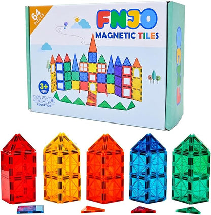 FNJO Magnetic Tiles, 64 PCS Magnetic Building Blocks, Magnets Building Set, STEM Toys for Kids Boys and Girls Creative and Inspirational