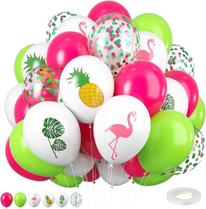 Tropical Balloons, 12 Inch Hot Pink Green White Balloon Leaves Flamingo Pineapple Printed Balloons for Summer Beach Hawaiian Luau Tropical Birthday Baby Shower Party Decorations