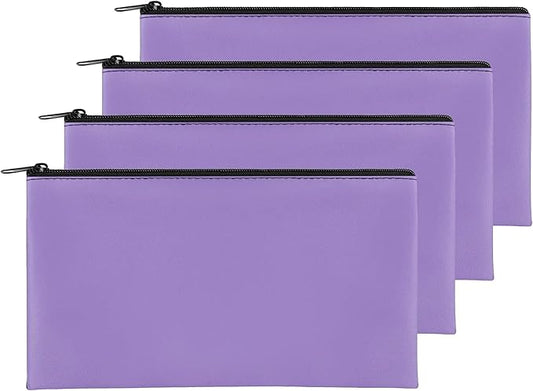 4Pack Money Bag 11 X 6", Safe Durable Waterproof Bags With Zipper for Cash, Coin Pouch PU Leather Bank Bag for Checks, Makeup, Bills, Receipts (Purple)