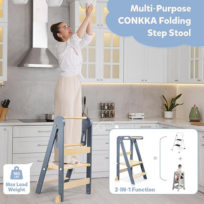 Foldable Toddler Kitchen Wood Step Stool with Hook, Pre-Assembled Wooden Folding Montessori Learning Helper for Kids, Folding Standing Tower with 3 Adjustable Height Step for Counter Sink-Gray