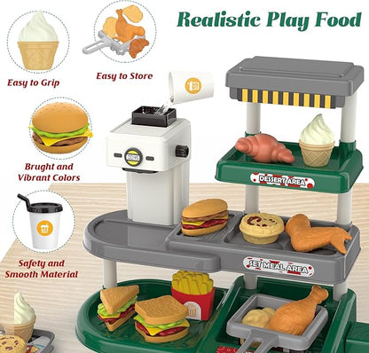 Kids Fast Food Pretend Play Set with Realistic Coffee Maker, Card Reader, Cash Register, Play Food (Burger, Fries, Sandwich), Play Money - Educational Toy Kitchen for Ages 3+