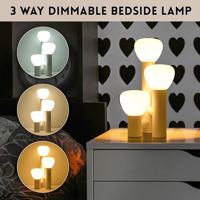 Modern 3-Light Table Lamp, White Metal Base, White Mushroom Shaped Glass Globes, 3 Color Temperatures, 16.5 inches Height,Portable Desk Lamp for Bedroom Living Room