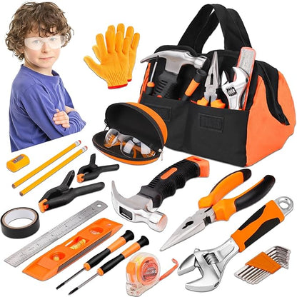 27-Piece Orange Kids Tool Set with Tool Storage Bag, Real Hand Tool Kit for Boys & Girls, Children Learning Tools for DIY Building, Woodworking and Construction, 6+ Years Old Birthday
