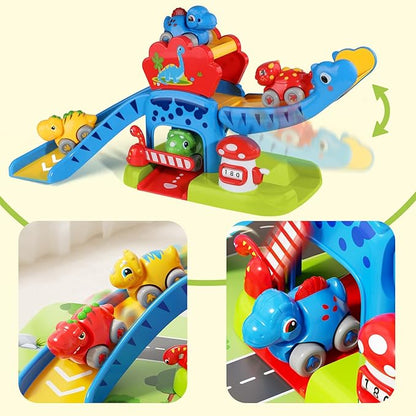 Baby Toys for 1 Year Old Boys & Girls Gift – Dino Slide Set with 4 Color & Number Push Cars – Dinosaur Toy for Toddlers, Montessori Learning Toys for 12-18 Months – 1st Birthday Gifts for Kids