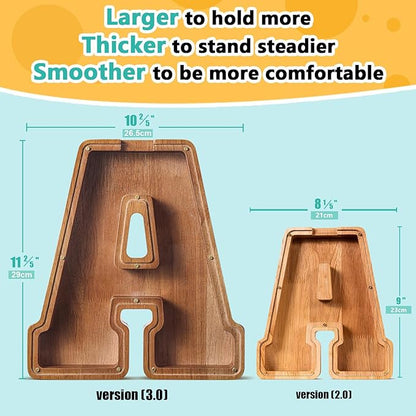 Summidate Large Wooden Piggy Bank for Kids Adults, Alphabets Letter A-Z Piggy Bank for Boys Girls, Coins Bills Change Bank Box Personalized Initial Name Kids Money Bank for Birthday Present and Decor