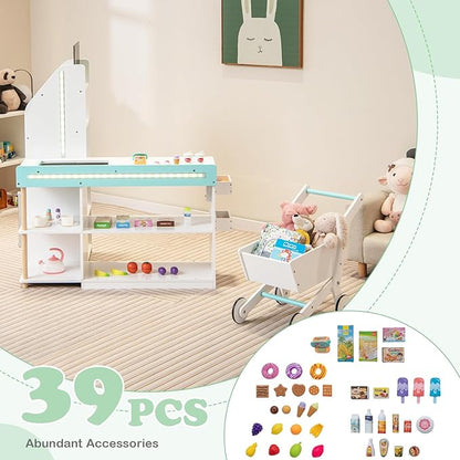 HONEY JOY Kids Grocery Store Playset, Wooden Supermarket Playset w/Cash Register & Working Conveyor, Checkout Counter Stand w/Lights, Food, Grocery Store Pretend Play for Toddler Boys Girls(White)