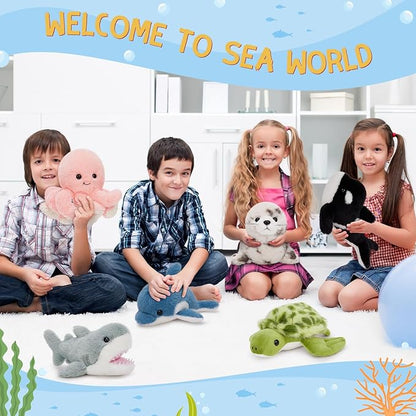 MaoGoLan 6Pcs Sea Animal Plush Toys Ocean Stuffed Animals for Kids, Large Bulk Party Favors with 10'' Plush Whale Shark Turtle Seal Orca Octopus, Classroom Decorations Christmas Valentine's Day Gifts