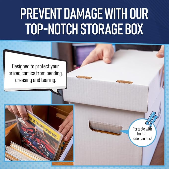Bundle Set - Premium Short Comic Book Storage Box (3 Pack - White). Thick Cardboard Comic Book Box/Cabinet. Comics Books Bin for 150-175 Collectibles & Black Comics Books Dividers (25 Pack)