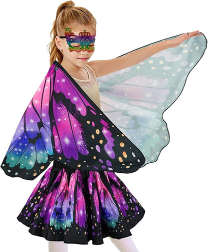 Butterfly Costume for Girls Fairy Wings Kids 4 Pcs(Cape,Skirts,Masks,Hair Clips) Butterfly Wings for Halloween Gifts