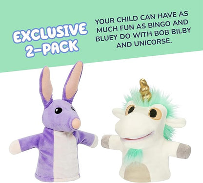 Bluey Unicorse and Bob Bilby Plush Puppet Pack of 2, 8-9”, Soft, Animal Puppets Made for Little Hands, Cuddly Puppets for Kids Ages 3+
