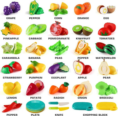 70 PCS Cutting Play Food Toy for Kids Kitchen, Pretend Fruit &Vegetables Accessories with Shopping Storage Basket, Plastic Mini Dishes and Knife, Educational Toy for Toddler Children Birthday Gift