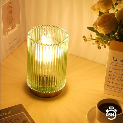 Battery Operated Lamp, Cordless Table Lamp with Timer, Desk Bedside Lamps with LED Warm Light, Glass Small Table Lamp for Bedroom, Bathroom, Living Room, Home Decor - Green
