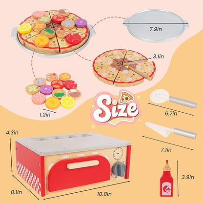 Wooden Pizza Toy for Kids, Pretend Play Food for Ages 3+, Educational Learning Toy Wooden Playset with Bake Oven, Christmas Birthday Gift for Boys Girls